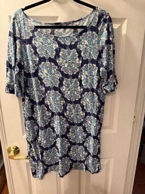 Lilly Pulitzer Navy Blue and White Printed Mini Dress with Teal Accents